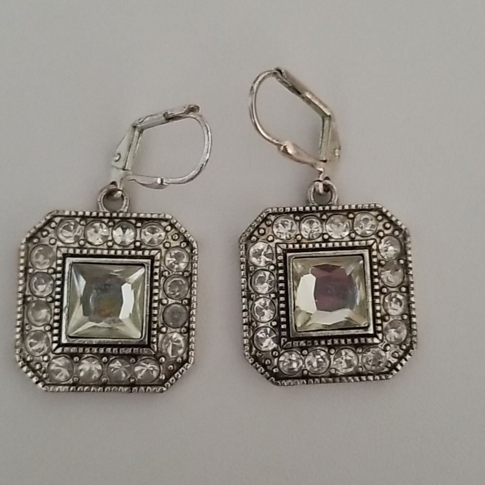 Square Silver Crystal Dangle Earrings